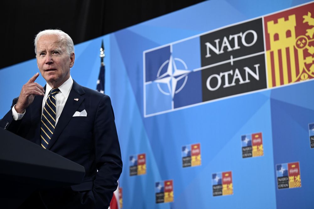 MADRID: US President Joe Biden addresses media representatives during a press conference at the NATO summit at the Ifema congress centre in Madrid, on June 30, 2022. - AFP