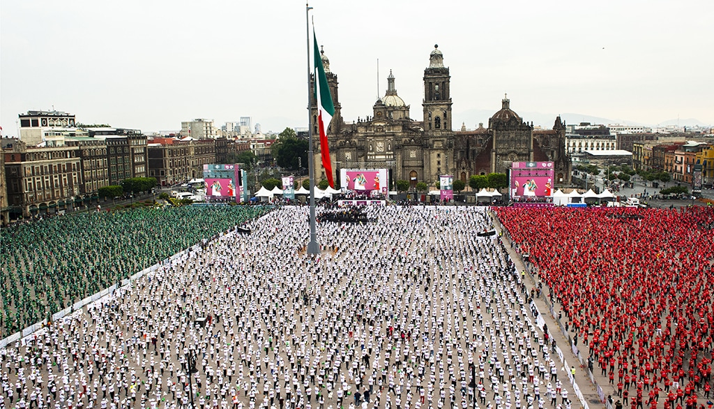 Aerial view of people taking part in a massive boxing class at the Zocalo square in Mexico City. — AFP photos