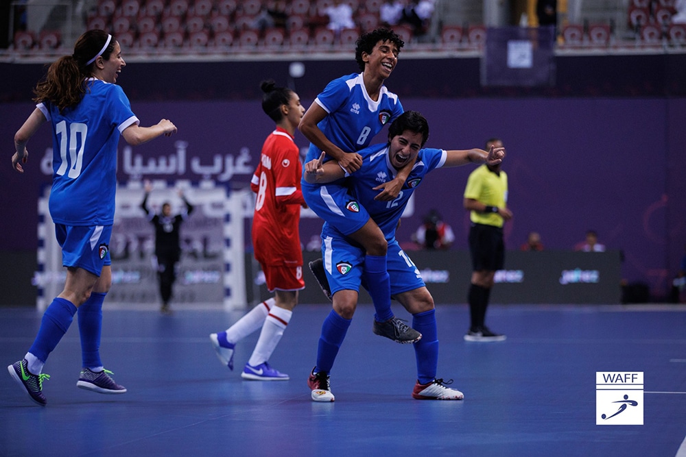 JEDDAH: Kuwait Women’s Futsal players celebrate after beating Oman 6-1 during the 2022 WAFF Women’s Futsal Championship in Jeddah on Saturday June 18, 2022.