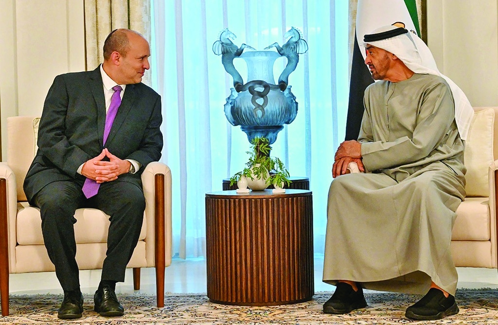 ABU DHABI: UAE's President Sheikh Mohammed bin Zayed Al-Nahyan (right) meets with Zionist Prime Minister Naftali Bennett during his snap visit, in Abu Dhabi. Israel's Prime Minister Naftali Bennett landed in the UAE on June 9 for talks with President Sheikh Mohammed bin Zayed Al-Nahyan, less than two weeks after the countries signed a free trade deal. - AFP