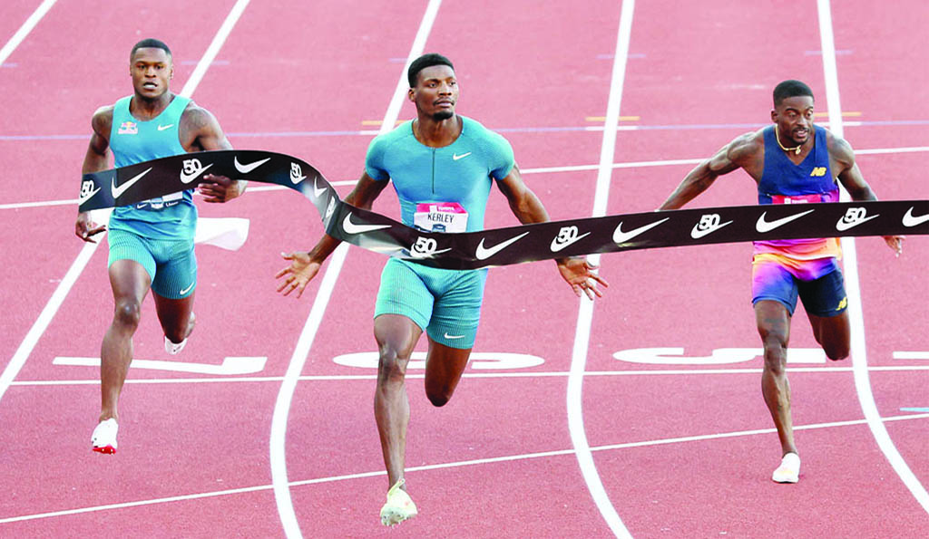 EUGENE: Fred Kerley wins the final of the Men 100 Meter during the 2022 USATF Outdoor Championships at Hayward Field on June 24, 2022 in Eugene, Oregon. - AFP