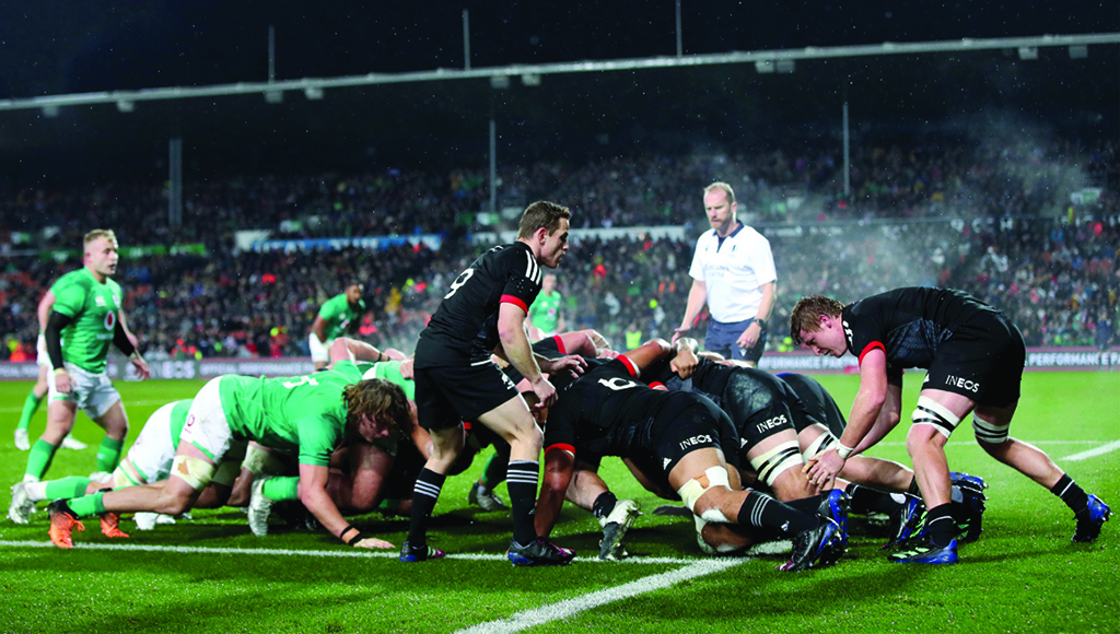 HAMILTON: Brad Weber (center) of the New Zealand Maori feeds the scrum during the rugby union match between the New Zealand Maori and Ireland at Waikato Stadium in Hamilton on June 29, 2022. - AFP