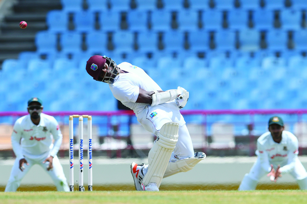 GROS ISLET: Kyle Mayers, of West Indies, takes evasive action during the second day of the 2nd Test between Bangladesh and West Indies at Darren Sammy Cricket Ground in Gros Islet, Saint Lucia.- AFP