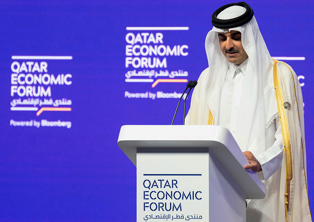 DOHA:  Qatar's Amir Sheikh Tamim bin Hamad Al-Thani speaks during the opening session of the Qatar Economic Forum on June 21, 2022. – AFP