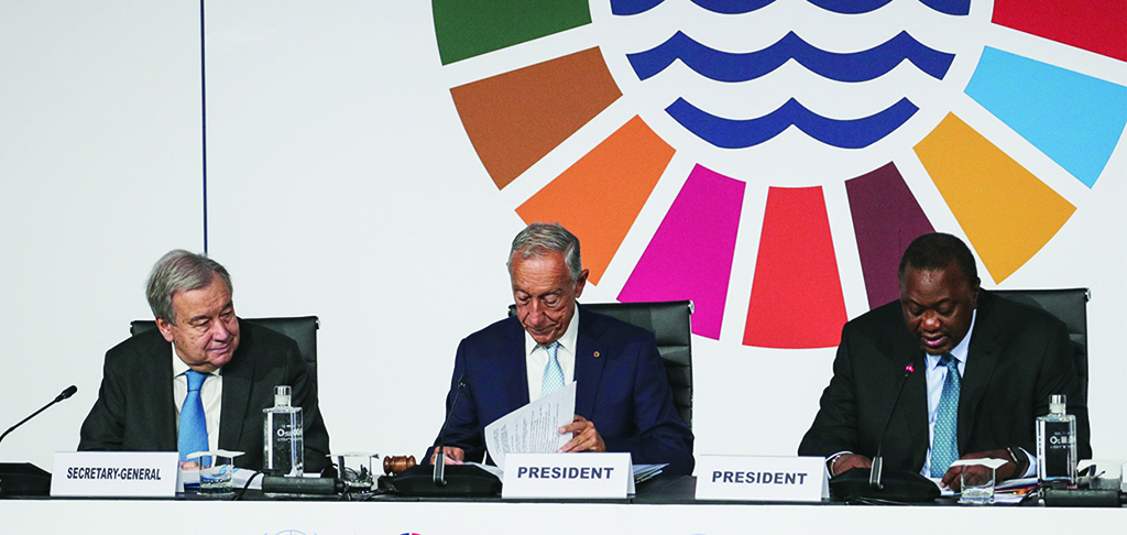 LISBON: (From left) UN Secretary General Antonio Guterres, Portugal's President Marcelo Rebelo de Sousa and Fiji's Prime Minister Frank Bainimarama take part in the UN Ocean Conference at Altice Arena on June 27, 2022. - AFP