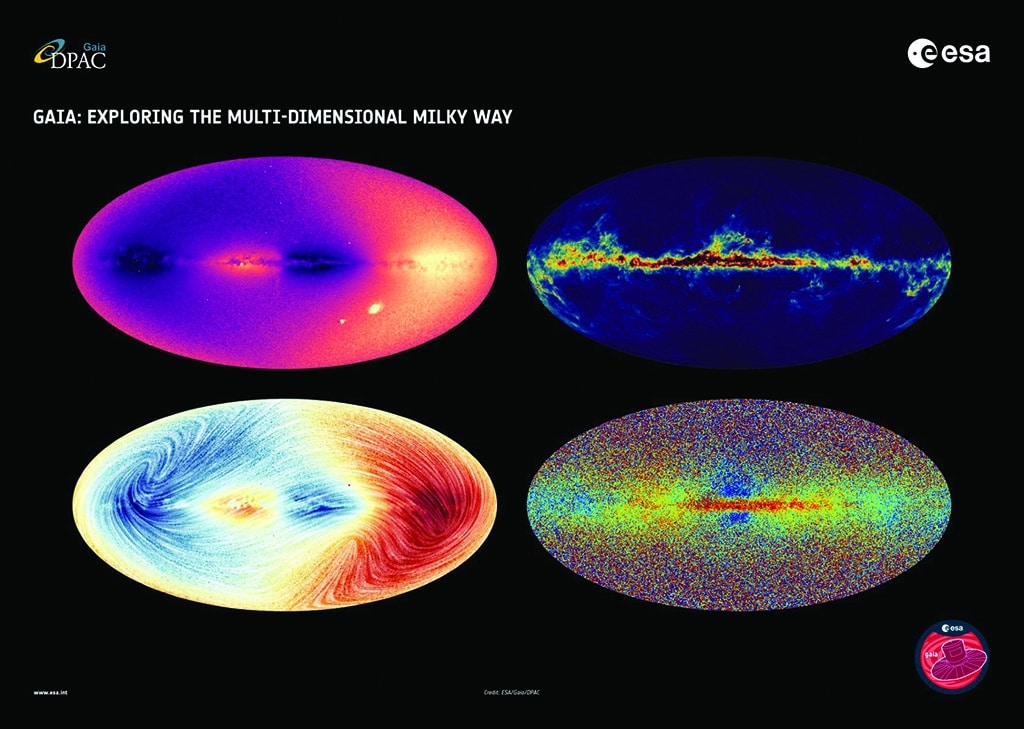 This handout image released by the European Space Agency (ESA) on June 13, 2022 shows four maps of the Milky Way made with new data collected by the ESA space probe Gaia. - AFP