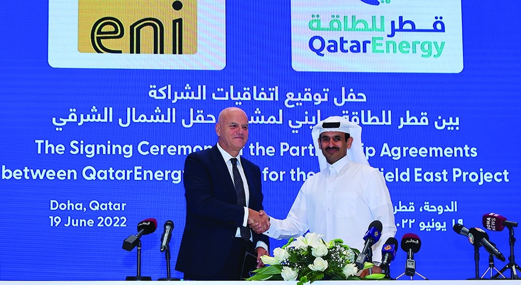 DOHA: Qatar's Minister of State for Energy Affairs and President and CEO of Qatar Energy Saad Sherida Al-Kaabi greets CEO of ENI Claudio Descalzi during a signing ceremony on June 19, 2022. - AFP