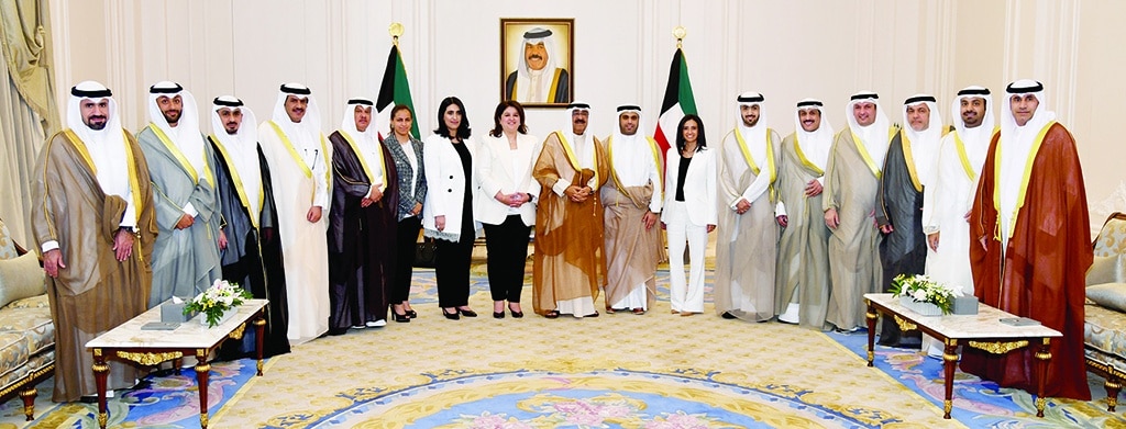 KUWAIT: His Highness the Crown Prince Sheikh Mishal Al-Ahmad Al-Jaber Al-Sabah meets Minister of Municipal Affairs and State Minister for Communications and Information Technology Dr Rana Al-Fares, as well as the newly elected and appointed Municipal Council members. - KUNA photos
