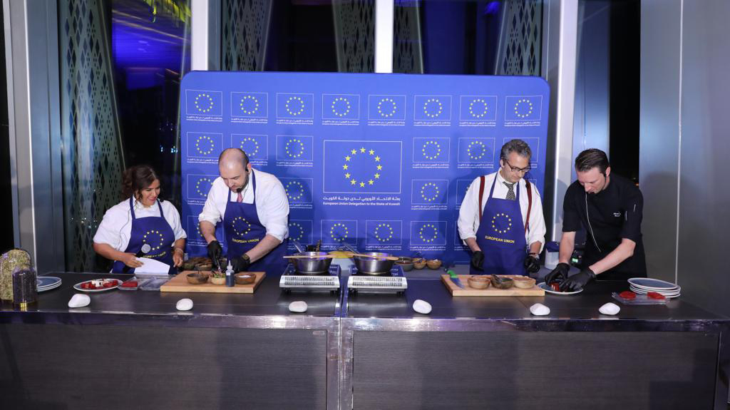 KUWAIT: (From left) Chef Hanouf Al-Balhan, Ambassador of EU Cristian Tudor, Italy's Ambassador Carlo Balducci and chef Thierry Papillier participate in a live cooking function during the event.