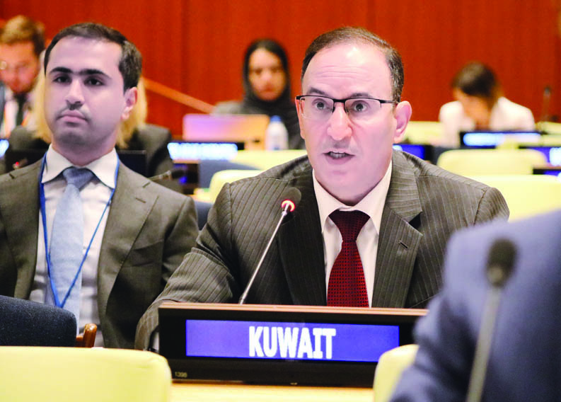 NEW YORK: Kuwait's Permanent Representative to the United Nations Mansour Al-Otaibi speaks during the Ad Hoc Committee meeting of the General Assembly for the Announcement of Voluntary Contributions to UNRWA. - KUNA