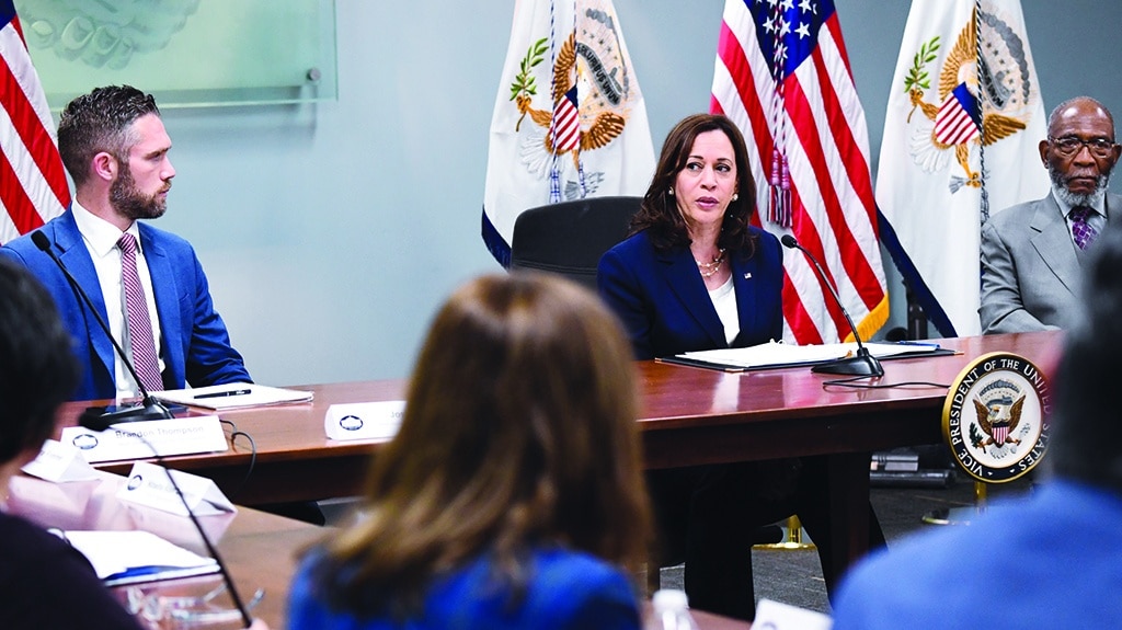 LOS ANGELES, United States: US Vice President Kamala Harris (c) speaks with faith leaders including Reverend Dr Amos Brown  about reproductive health care during a roundtable at the Los Angeles County Federation of Labor on the sidelines of the IX Summit of the Americas in Los Angeles, California. - AFP
