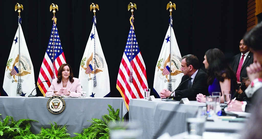 LOS ANGELES: US Vice President Kamala Harris (L) speaks during a roundtable with business executives at the IV CEO Summit of the Americas on the sidelines of the IX Summit of the Americas in Los Angeles, California. – AFP