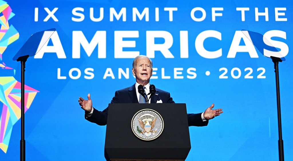 LOS ANGELES: US President Joe Biden speaks during opening ceremony of the 9th Summit of the Americas at the Los Angeles Convention Center in Los Angeles, California on June 8.- AFP