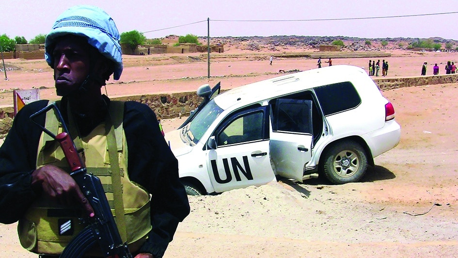 KIDAL, Mali: File photo shows a soldier of the United Nations mission to Mali MINUSMA standing guard near a UN vehicle after it drove over an explosive device near Kidal, northern Mali. A Peacekeeper of the United Nations mission in Mali was killed and three others injured in the attack on their convoy in Kidal. – AFP