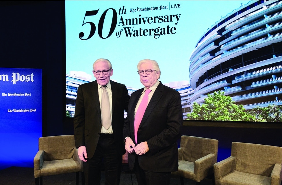 WASHINGTON: Journalists Bob Woodward (left) and Carl Bernstein participate in an event marking the 50th anniversary of the Watergate burglary at the Washington Post office on June 17, 2022. - AFP