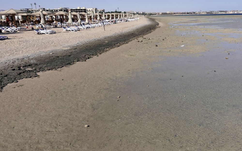 CAIRO: Empty sunbeds are seen during a low tide at the beach of the Red Sea resort of Sahl Hasheesh, Hurghada, Egypt January 8, 2020. - REUTERS