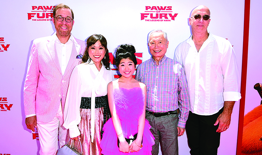 (From left) Rob Minkoff, Cathy Shim, Kylie Kuioka, George Takei and Mark Koetsier attend the 'Paws of Fury' Family Day at Paramount Pictures Studios in Los Angeles, California.- AFP photos