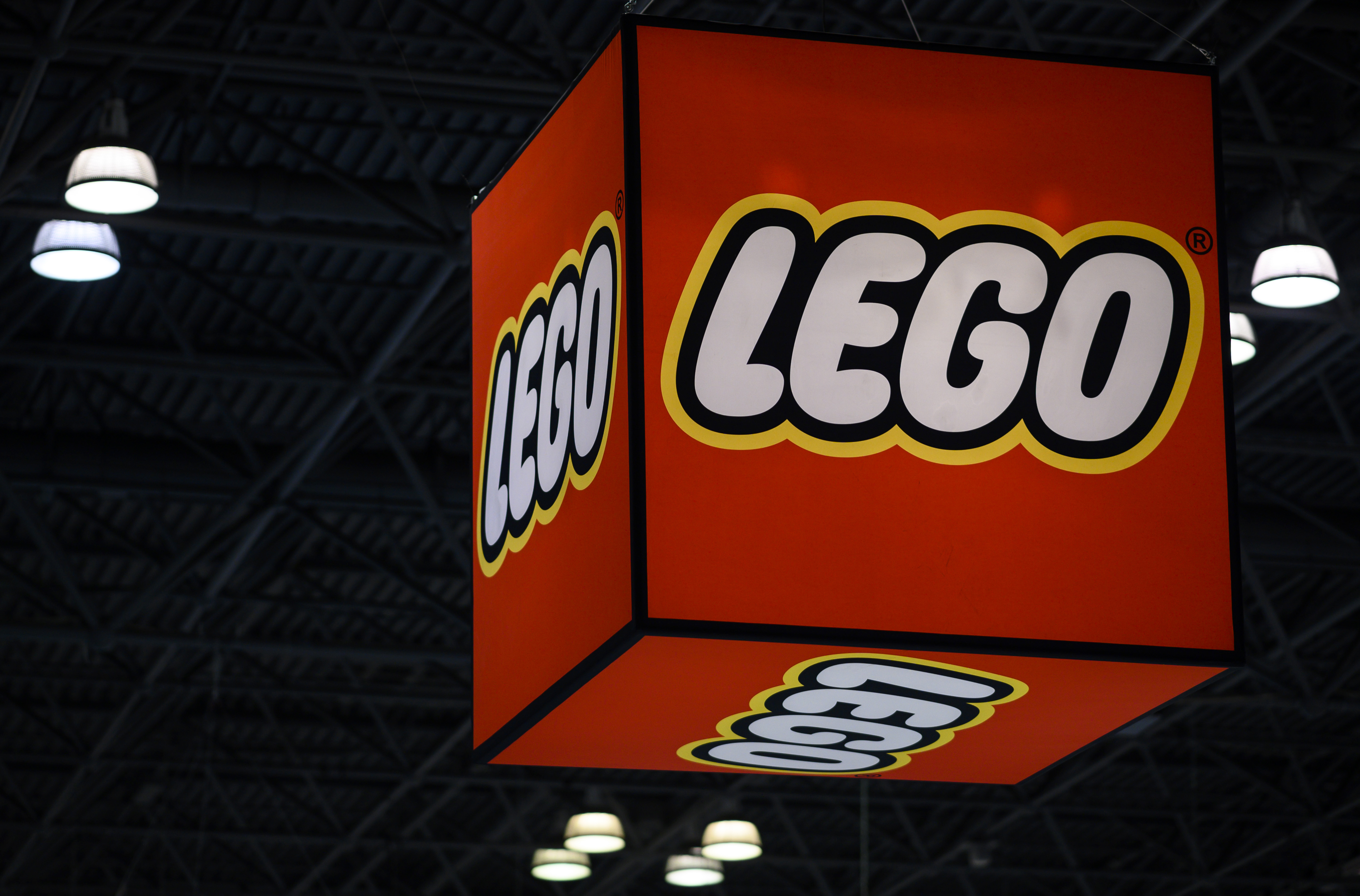 In this file photo taken on February 16, 2019 a Lego logo is pictured during the annual New York Toy Fair, at the Jacob K Javits Convention Center in New York City. - AFP