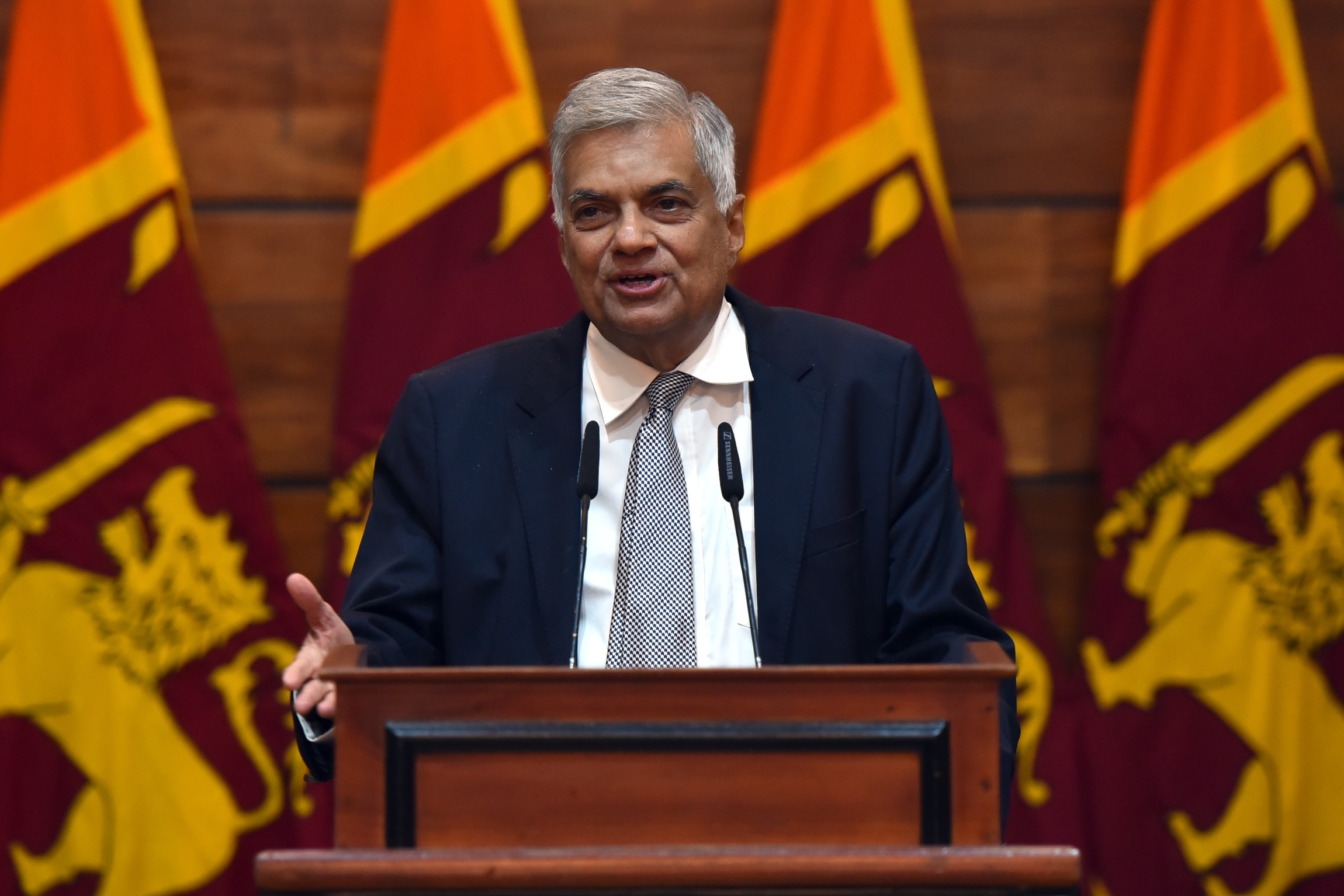 Sri Lanka Prime Minister Ranil Wickremesinghe at the press conference in Colombo on 23rd April 2019