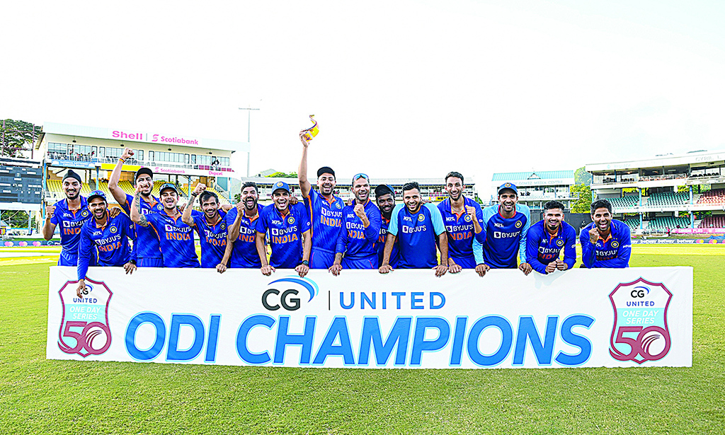 PORT OF SPAIN: Members of the India team after winning on the third and final ODI match between West Indies and India at Queens Park Oval in Port of Spain, Trinidad and Tobago, on July 27, 2022. - AFP