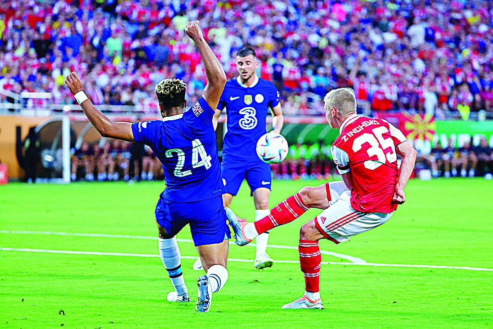 ORLANDO: Oleksandr Zinchenko of Arsenal has a shot blocked by Reece James of Chelsea during the Florida Cup match between Chelsea and Arsenal at Camping World Stadium on July 23, 2022 in Orlando, Florida. - AFP