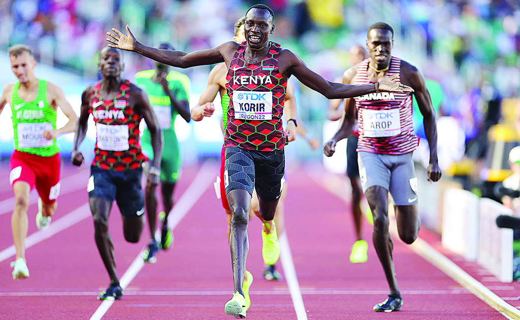 EUGENE: Emmanuel Kipkurui Korir of Team Kenya crosses the finish line to win gold in the Men's 800m Final on day nine of the World Athletics Championships Oregon22 at Hayward Field on July 23, 2022.- AFP