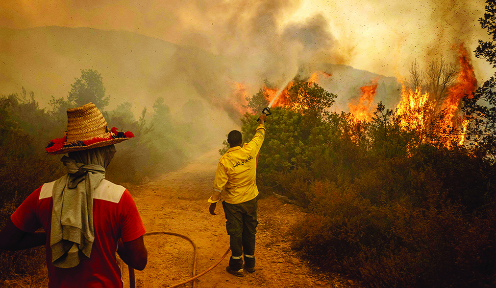 KSAR EL KEBIR, Morocco: A forest ranger sprays water from a hose on a forest fire near Ksar El-Kebir, in the Larache region.- AFP