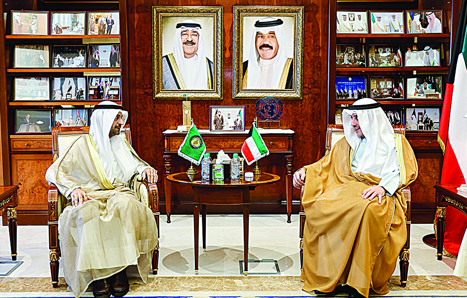 KUWAIT: Foreign Minister Dr Sheikh Ahmad Nasser Al-Mohammad Al-Sabah meets GCC Secretary General Dr Nayef Al-Hajraf. - KUNA