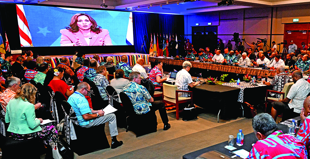 SUVA, Fiji: US Vice-President Kamala Harris speaks via video-link to the Pacific Islands Forum (PIF) in Suva on July 13, 2022. - AFP