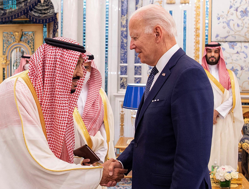 JEDDAH:  Saudi Arabia's King Salman bin Abdulaziz receives US President Joe Biden as Crown Prince Mohammed bin Salman looks on behind, at Al-Salman Palace in the Red Sea coastal city of Jeddah.- AFP