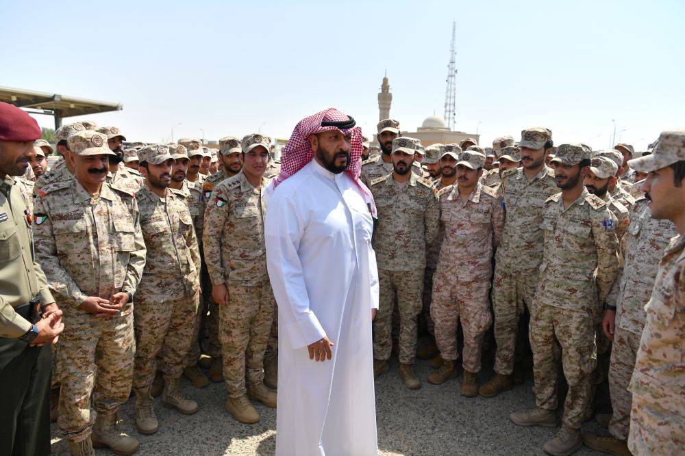 KUWAIT: Sheikh Talal Khaled Al-Ahmad Al-Sabah speaks to military personnel during the tour.