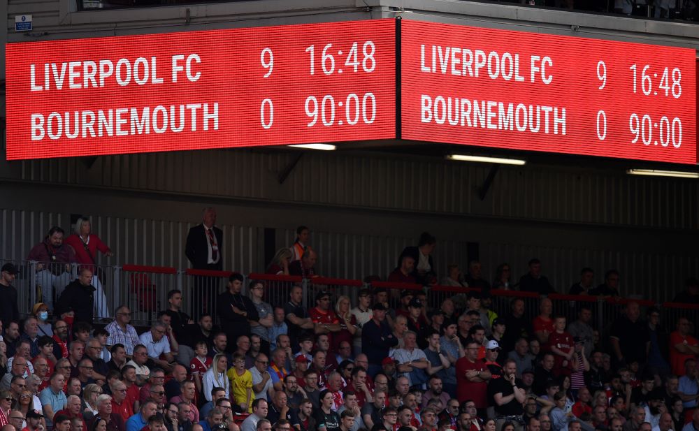 LIVERPOOL: The scoreboard displays the 9-0 result after the English Premier League football match between Liverpool and Bournemouth at Anfield in Liverpool, north west England on August 27, 2022. - AFP