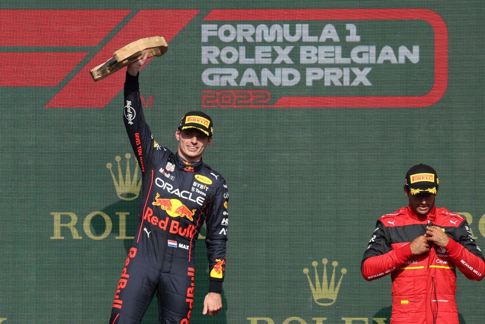 SPA: Red Bull driver Max Verstappen celebrates his victory during the podium ceremony of the Belgian Formula One Grand Prix at Spa-Francophones racetrack at Spa, on August 28, 2022. - AFP
