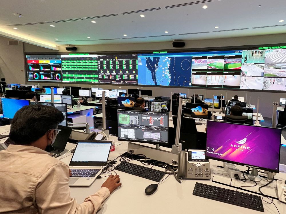 nDOHA: Staff work at the Aspire security command centre for the FIFA World Cup Qatar 2022, near Khalifa International stadium in Doha, where operation and security teams will be able to monitor all the stadiums during the World Cup. - AFP n