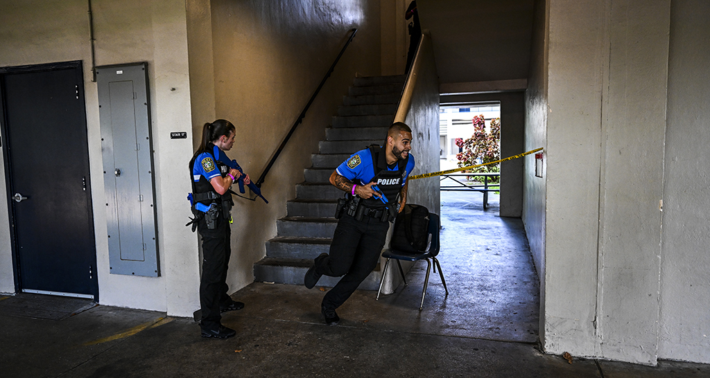 Miami-Dade Schools Police Officers perform a rescue operation while participating in a “Large-Scale Functional Active Shooter Drill” at Hialeah Senior High School in Hialeah, Florida. – AFP photos