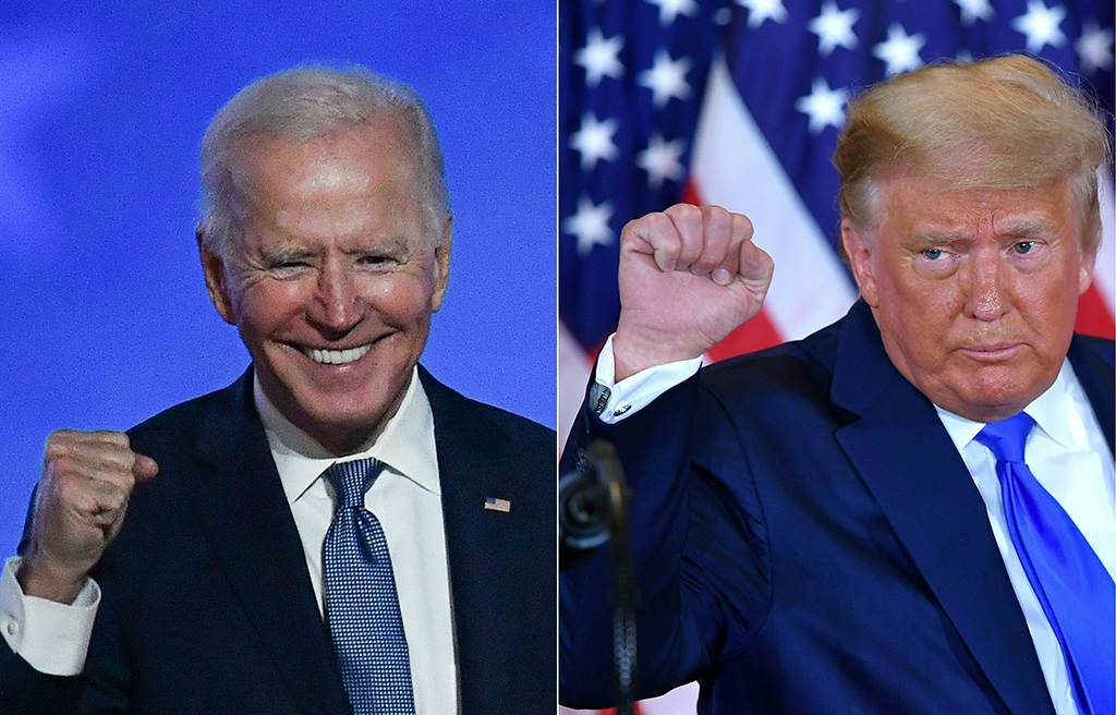 WASHINGTON: File combination of pictures created shows US President Joe Biden (L) in Wilmington, and former US President Donald Trump (R) in Washington. - AFP