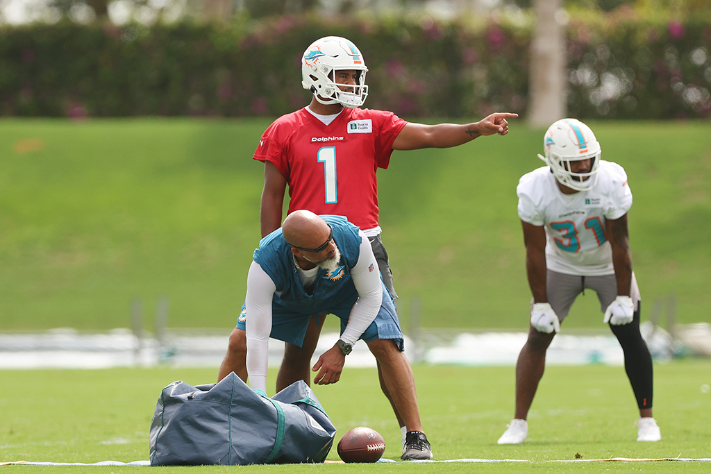 MIAMI GARDENS: Tua Tagovailoa #1 of the Miami Dolphins directs a drill during training camp at Baptist Health Training Complex in Miami Gardens, Florida. - AFP