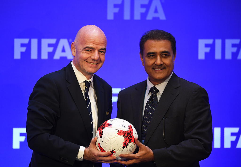 KOLKATA: In this file photo, FIFA President Gianni Infantino (left) and the president of the All Indian Football Federation (AIFF) Praful Patel gesture at a press conference following the FIFA Council meeting in Kolkata.- AFP