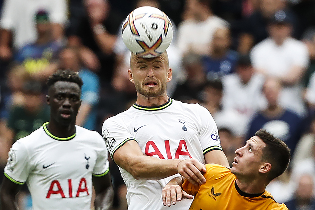 LONDON: Tottenham Hotspur's English defender Eric Dier (center) rises above Wolverhampton Wanderers' Portuguese midfielder Daniel Podence (right) to head the ball during the English Premier League football match between Tottenham Hotspur and Wolverhampton Wanderers on August 20, 2022. - AFP