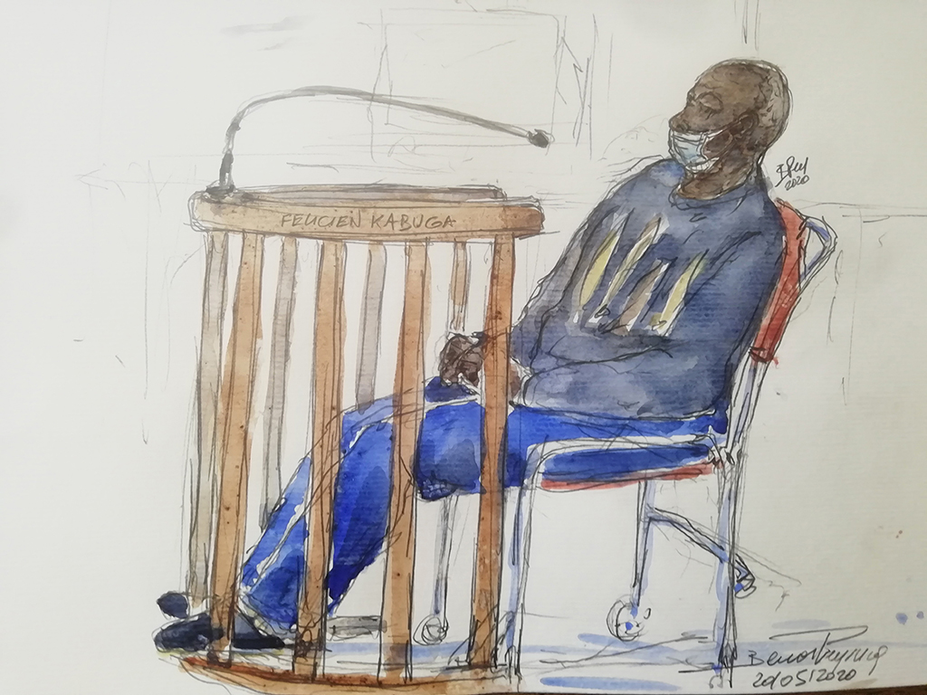 PARIS, France: File photo shows a courtroom sketch of Felicien Kabuga, one of the last key suspects in the 1994 Rwandan genocide, wearing a protective face mask as a protection due to the spread of the COVID-19 pandemic. - AFP