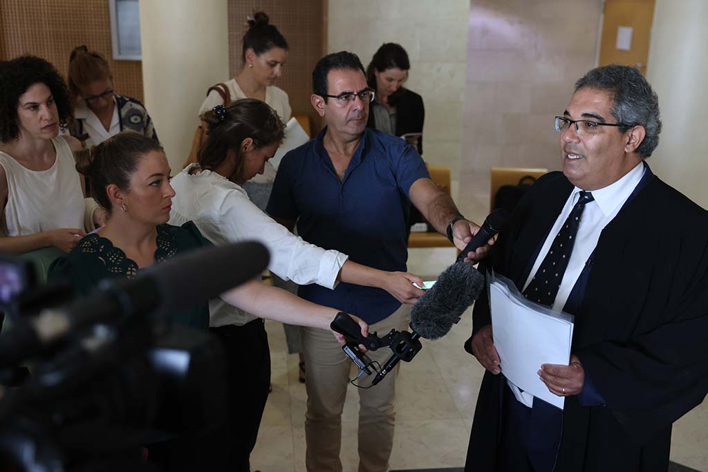 BEERSHEBA: Maher Hanna, the lawyer of Mohammed al-Halabi, the former Gaza head of World Vision, a major US-based aid agency, speaks to the press at the Beersheba district court, after his client was sentenced to 12 years in prison for funnelling millions of dollars to Islamist group Hamas. The sentencing comes after the court issued a ruling in June. – AFP