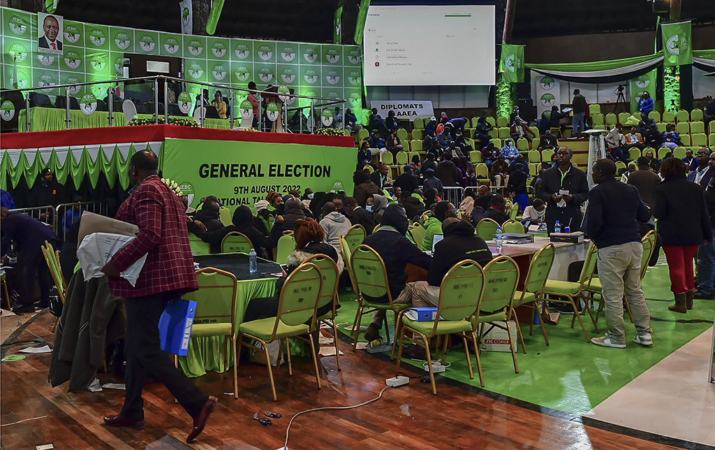 NAIROBI: Independent Electoral and Boundaries Commission (IEBC) clerks work to verify presidential results of the just concluded general election in the national tallying centre at 'The Bomas of Kenya' in Nairobi. – AFP