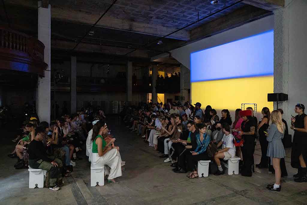 Ukrainian flag is projected on the wall during the BEVZA Spring 2023 runway show during New York Fashion Week in New York. — AFP photos