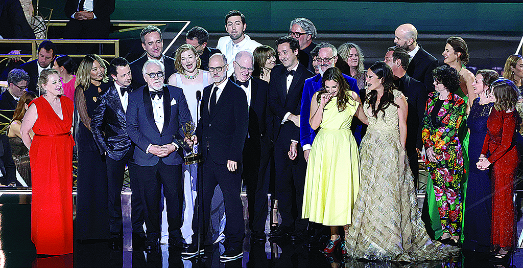 Jesse Armstrong (center, holding trophy) and cast and crew of 'Succession' accept the Outstanding Drama Series award onstage during the 74th Primetime Emmys at Microsoft Theater in Los Angeles, California.- AFP photos