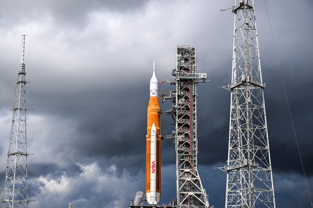 In this file photo taken on September 02, 2022, the Artemis I unmanned lunar rocket sits on the launch pad at the Kennedy Space Center on September 2, 2022. - AFP