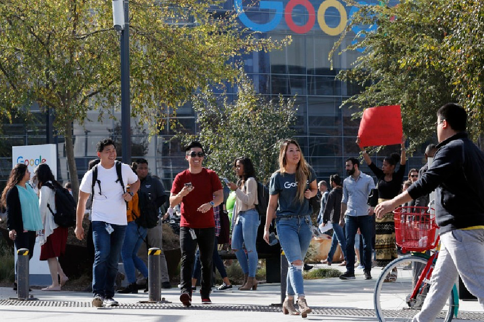 MOUNTAIN VIEW: Google Inc., employees stage a walkout in their call for a safe workplace outside the Googleplex on the Google Corporate Campus Headquarters in Mountain View, California.