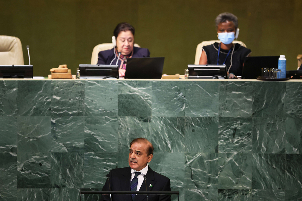 NEW YORK: Prime Minister of the Islamic Republic of Pakistan Muhammad Shehbaz Sharif speaks at the 77th session of the United Nations General Assembly (UNGA) at UN headquarters. - AFP