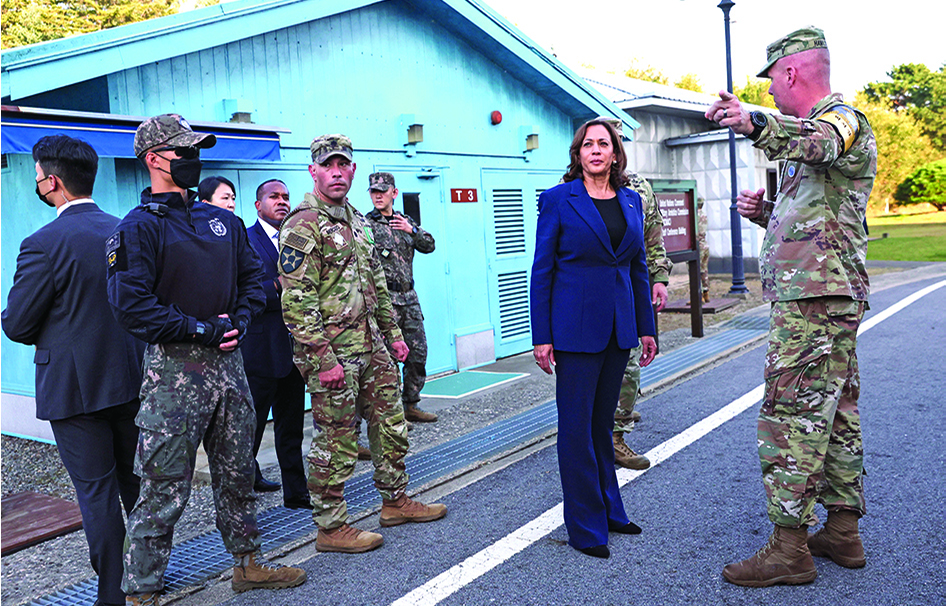 PANMUNJOM: US Vice President Kamala Harris is given a tour near the demarcation line at the demilitarized zone (DMZ) separating North and South Korea, in Panmunjom on September 29, 2022. – AFP