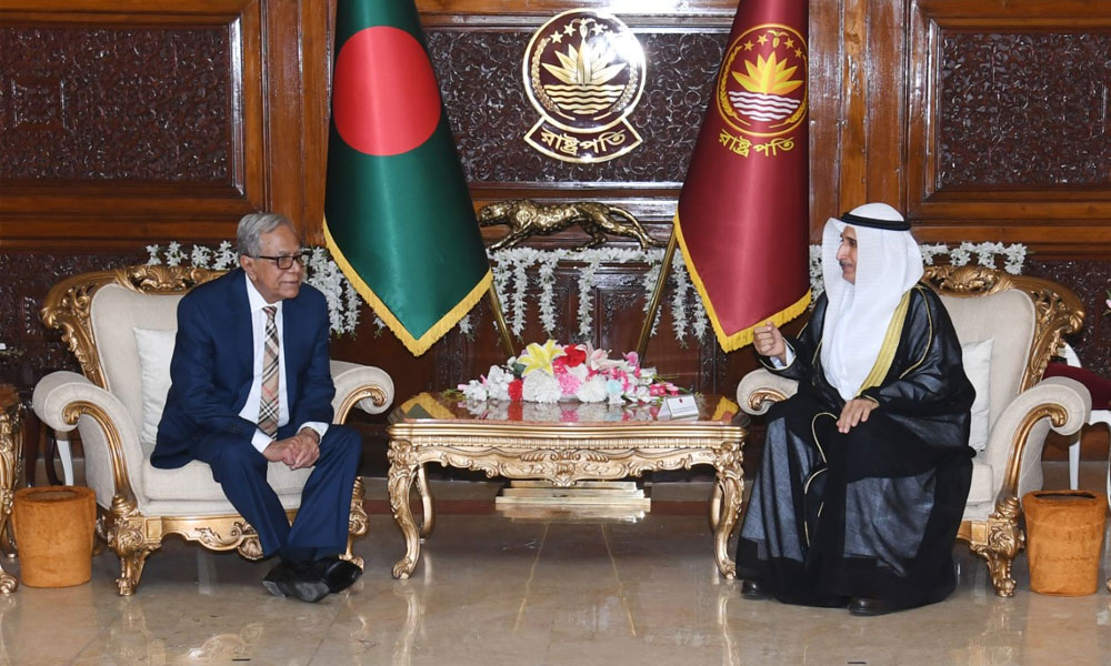 Kuwait's new Ambassador Faisal Al-Adwani delivers his credentials to the President of Bangladesh