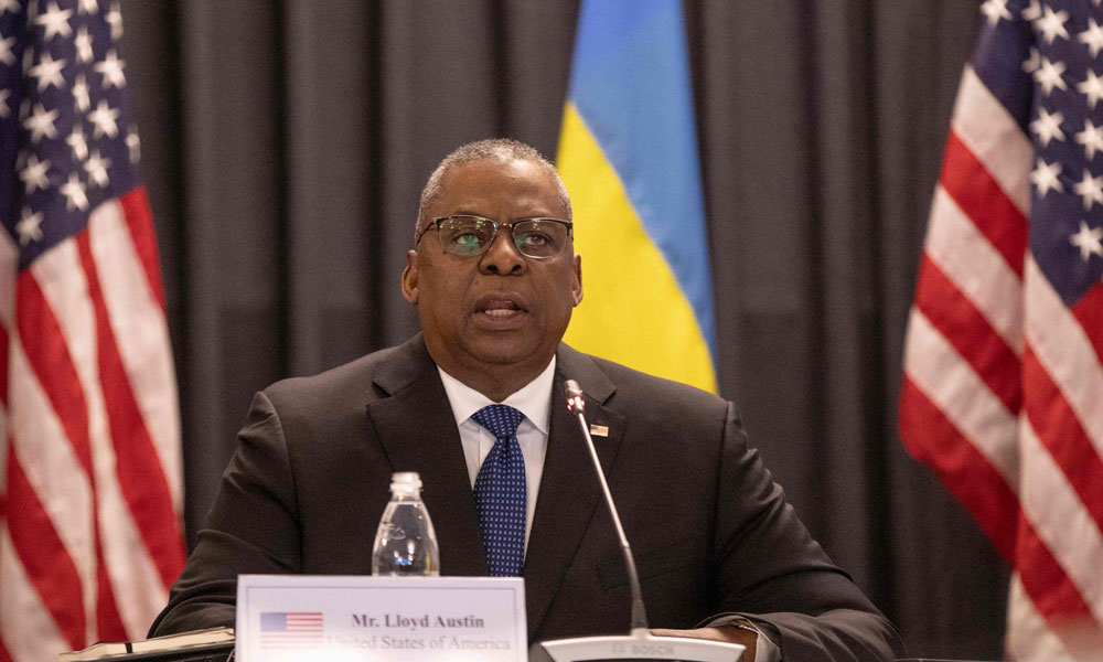 US Defence Secretary Lloyd Austin gives opening remarks at the start of a meeting on September 8, 2022 at the US airbase in Ramstein, western Germany,